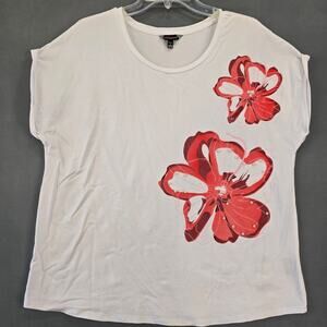 More Love Lace White Floral Shirt Scoop Neck Beaded Short Sleeve Women XL Petite
